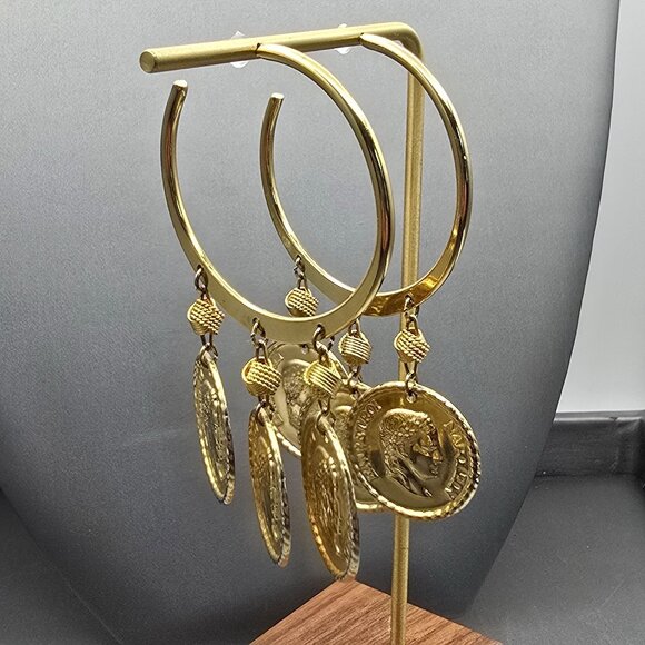 VTG Gold Coin Napoleon Empereur Dangle Hoop Post Earrings 3" Statement 1980s - Picture 9 of 10